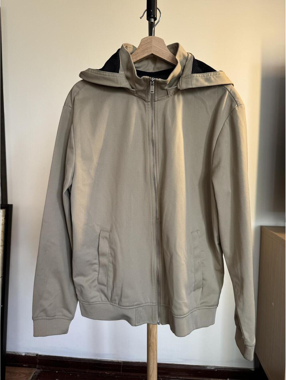 Beige Hooded Zip-Up Jacket with Black Mesh Lining